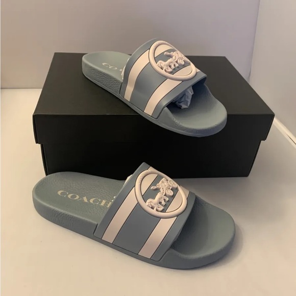 COACH ULI HC SPORT SLIDE WITH HORSE AND CARRIGE PRINT - Cornflower/Chalk New Sz6 - Picture 2 of 4